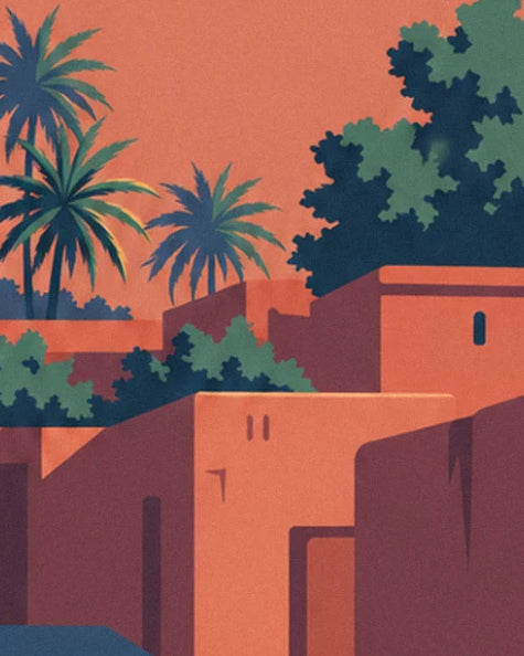 The medina's flat rooftops, red rammed earth walls and green bushes beneath the palm trees