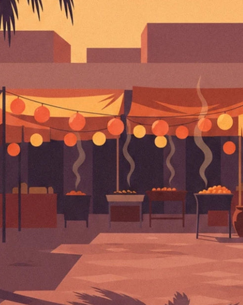 The steaming stalls beneath red awnings and strings of colourful lanterns
