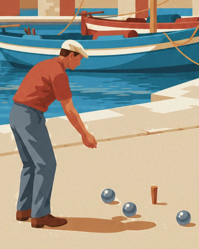 Le joueur en chemise rouge, ses 3 boules et le cochonnet devant les barques du port