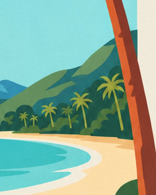 The golden sandy beach lined with small coconut palms, at the foot of a green hill