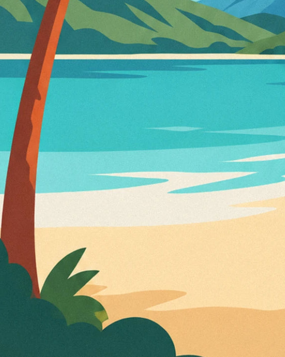 The curved palm trunk over the sand, with turquoise water and hills in the distance