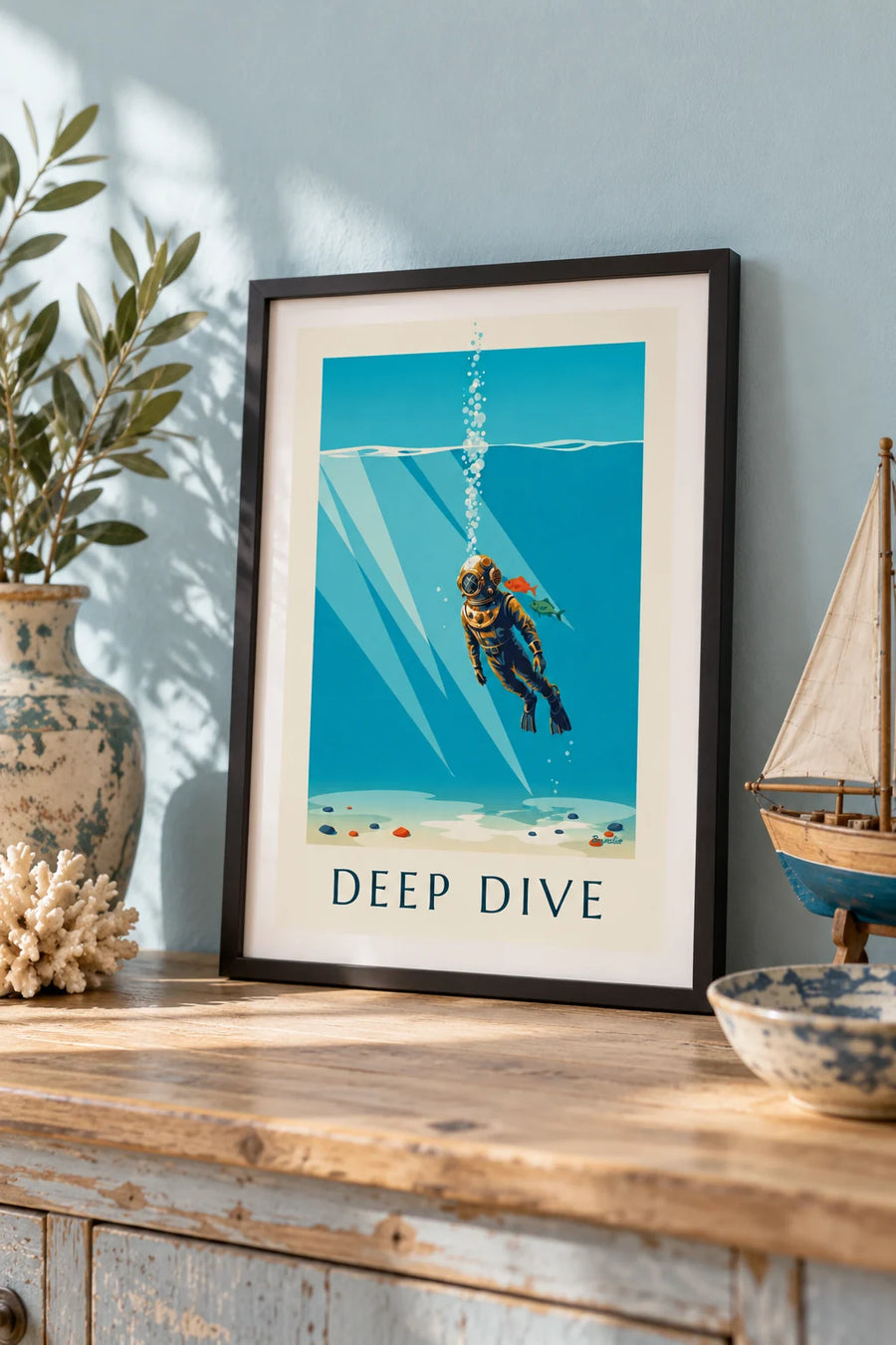 Poster of a diver in a futuristic chrome helmet under the sea: small framed A4 size