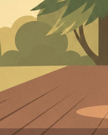 Le plancher brun de la scène devant les feuillages verts et le tronc d’un arbre