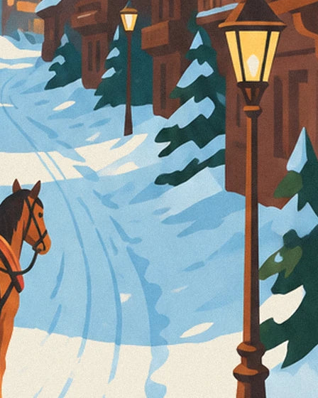 Le lampadaire allumé au bord de la rue, avec la tête du cheval et les sapins