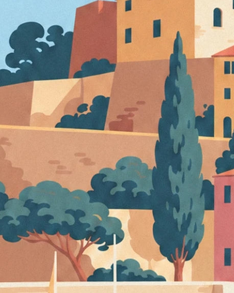 The tall cypress and pines with bluish foliage in front of the ochre walls of Menton