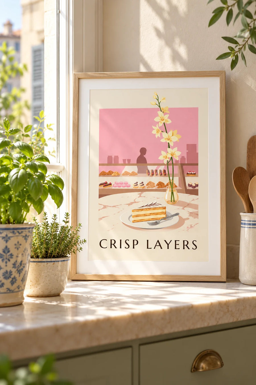 Affiche part de millefeuille à la vanille en pâtisserie : petit format A4 encadré