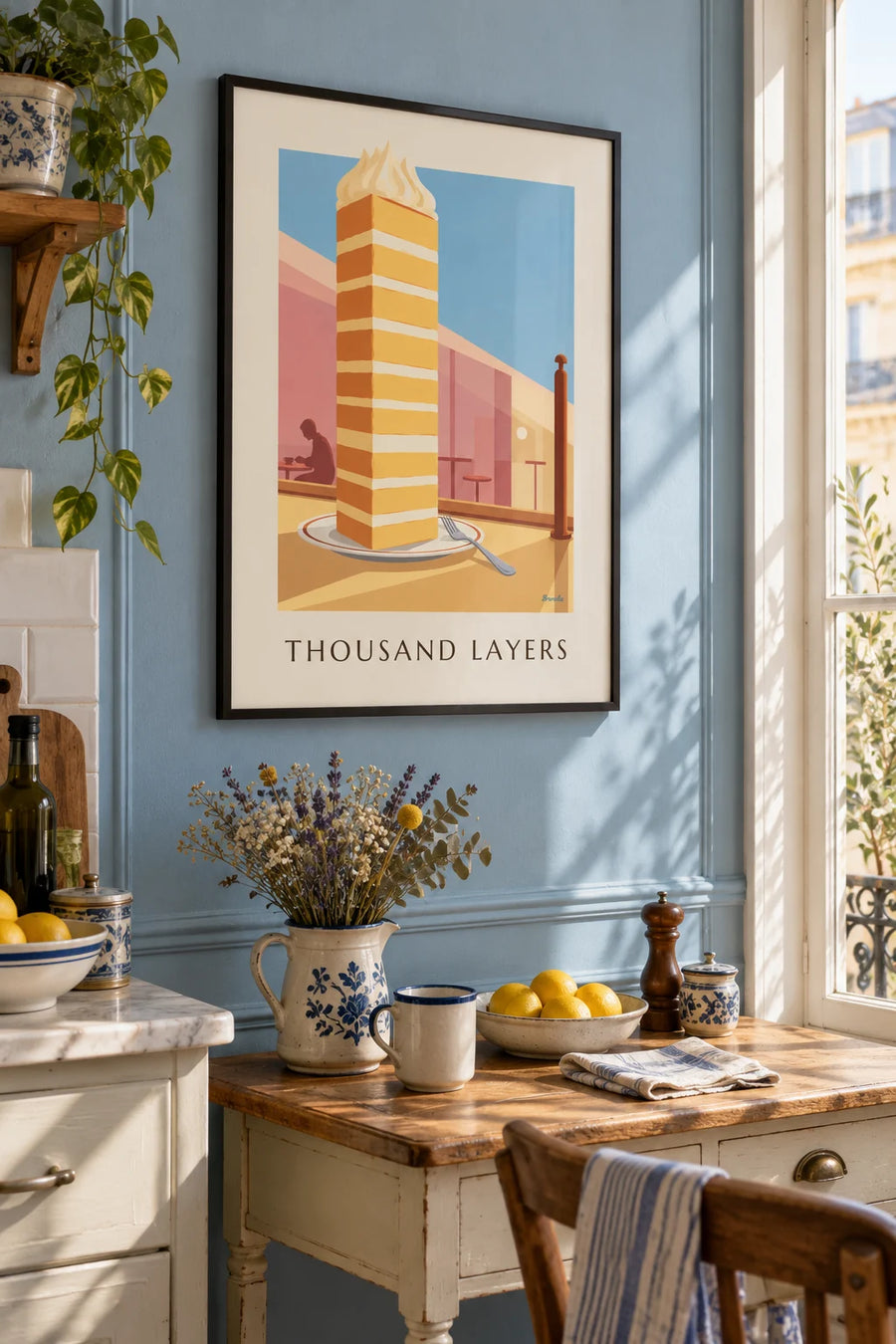 Poster of a slice of vanilla millefeuille in a pastry shop: framed on the wall