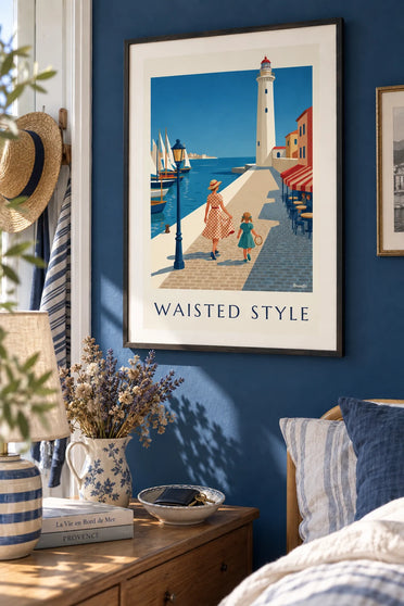 Woman in a fitted dress on a harbor quay poster: framed on the wall