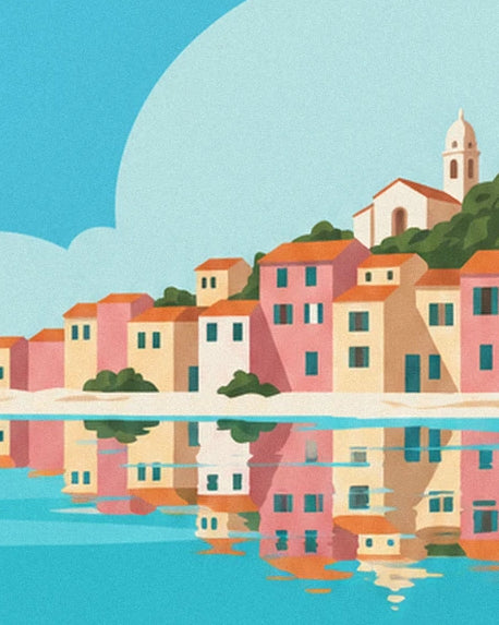 The village's pink and ochre houses and bell tower reflected in turquoise water