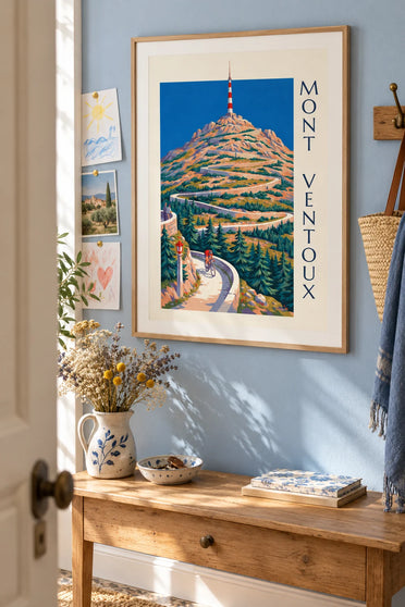 Plakat rowerzysta na serpentynach Mont Ventoux i jego maszt: w ramie na ścianie