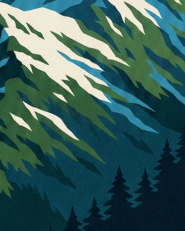 Green slopes and white snow, with dark fir trees at the foot of the mountain