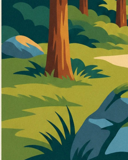 Reddish-brown tree trunk in apple-green grass, with 2 slate-blue rocks