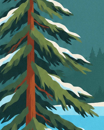 The fir tree with a reddish-brown trunk and snow-laden branches beside the frozen lake