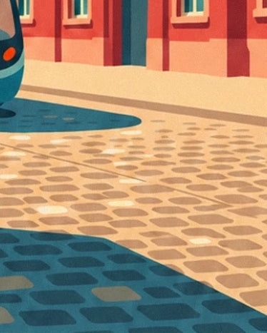 Les pavés dorés de la place de la Réunion traversés par de grandes ombres bleues