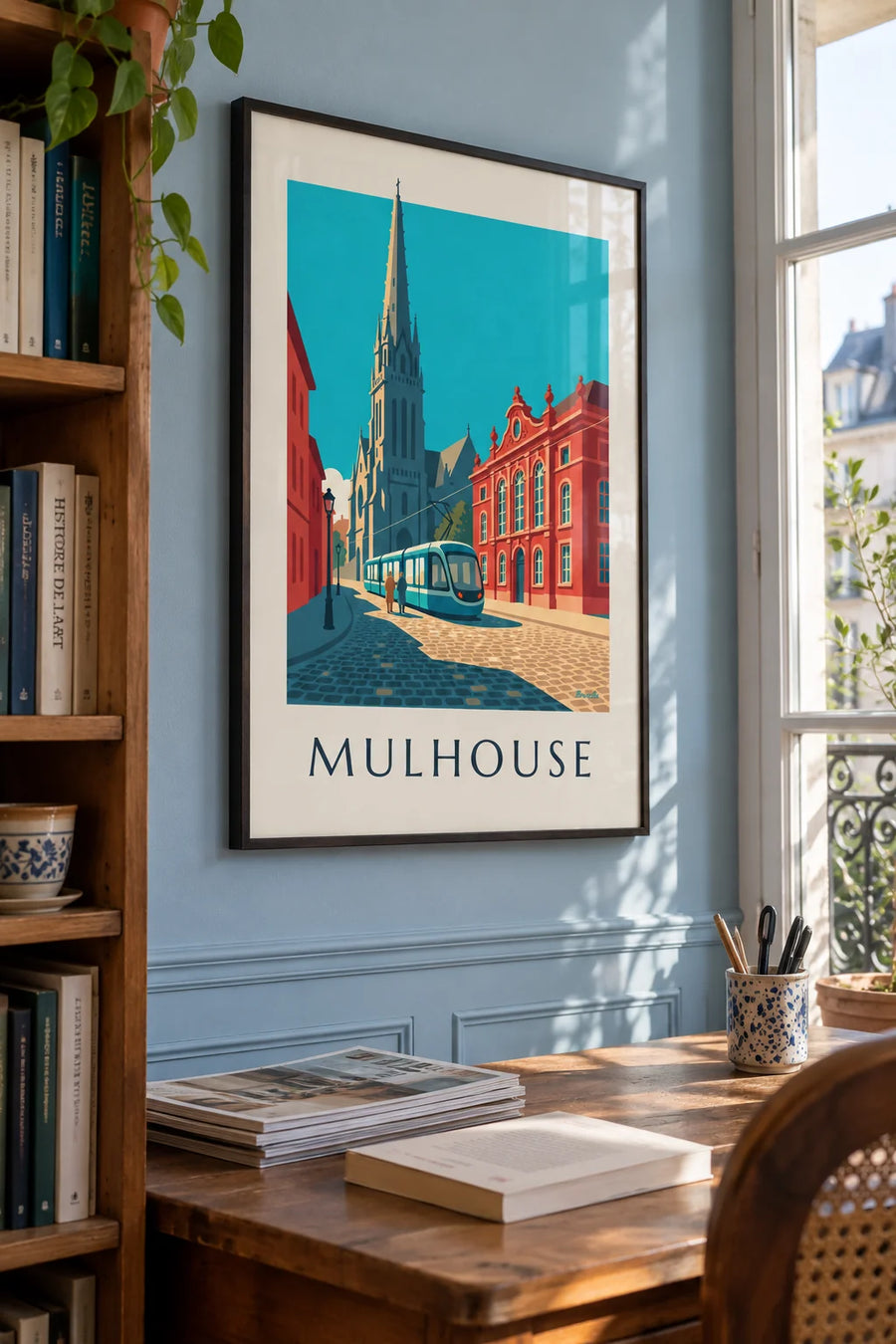 Affiche tramway et hôtel de ville de Mulhouse, place de la Réunion : encadrée au mur