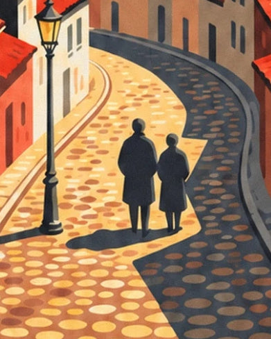 Les 2 silhouettes près du réverbère, dans une rue pavée aux longues ombres