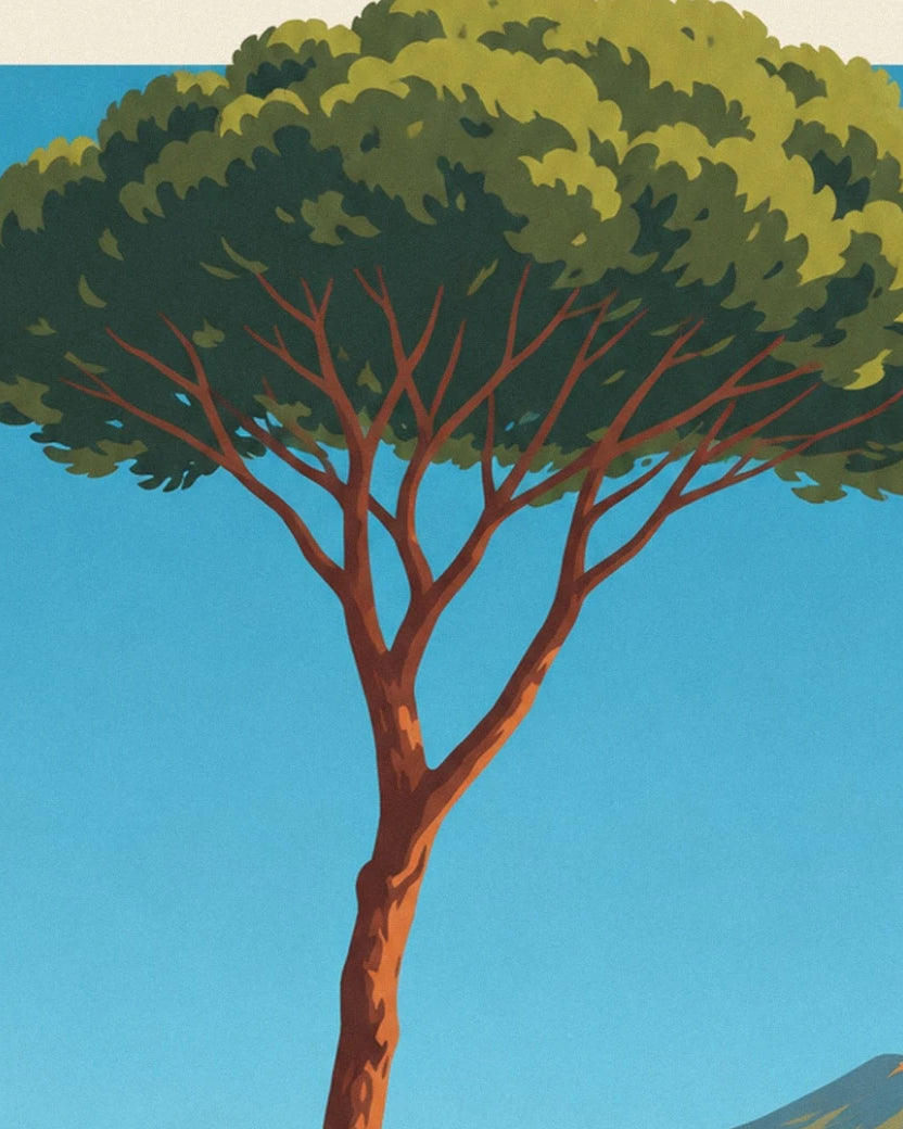 Un pin au tronc brun et à la large couronne verte sur le ciel bleu