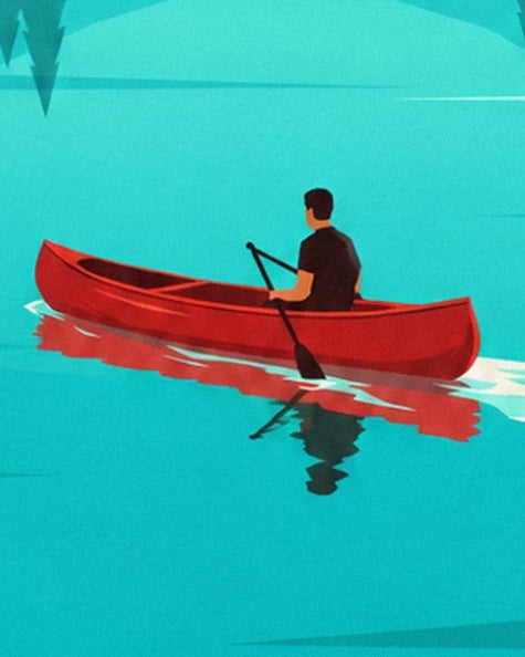 A paddler in a black T-shirt in a red canoe on the turquoise lake