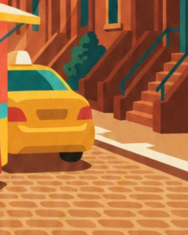 Le taxi jaune au pied des escaliers de briques et des rampes vertes de New York