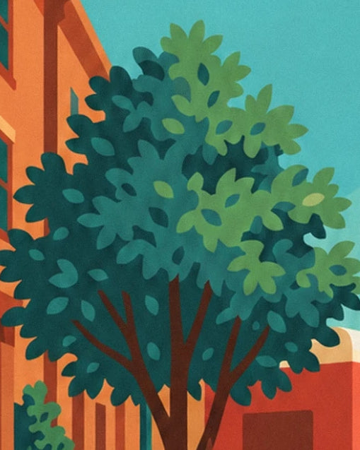 L'arbre au feuillage vert et turquoise devant la façade orangée et le camion rouge