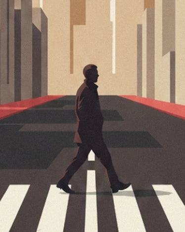 A passer-by in a dark coat crossing the white stripes of the pedestrian crossing