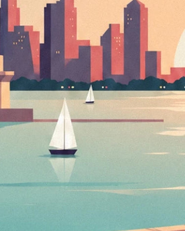 The 2 white sailing boats on turquoise water in front of buildings with orange façades