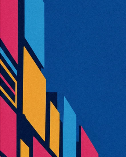 Large pink, orange and sky-blue Broadway signs against the blue night