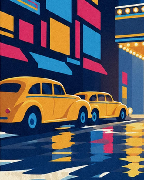 2 yellow taxis parked along the wet pavement beneath pink and blue signs