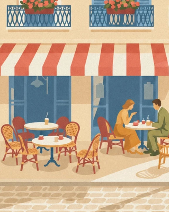 A couple seated at a café terrace beneath the red and cream striped awning