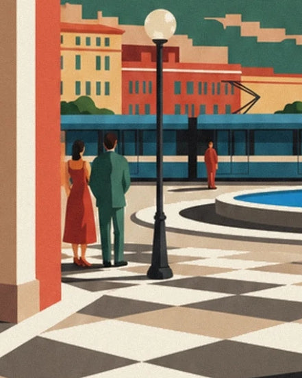 A couple facing the blue tram near the street lamp and pool