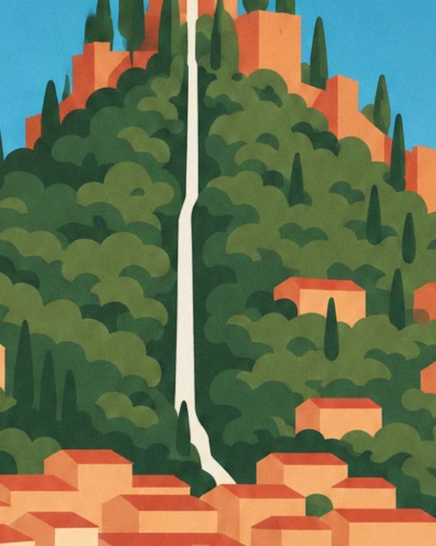 White waterfall tumbling down the wooded hillside, with cypress trees and orange tiled roofs below