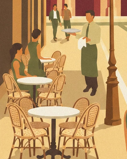 Le serveur au plateau et les clientes parmi les tables et chaises de terrasse