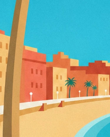 The ochre and coral façades of Las Palmas, palm trees and beachfront promenade