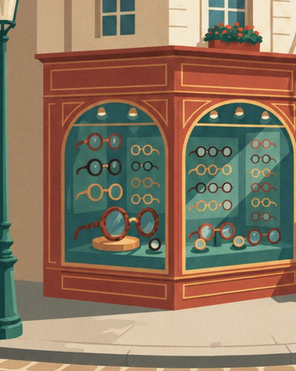 Vitrine d'angle rouge brique et ses lunettes rondes alignées sur fond vert, au pied du lampadaire