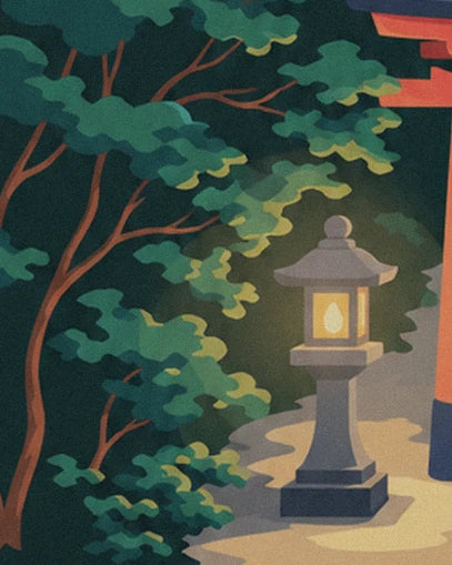 The stone lantern with its golden glow, between foliage and a red torii gate