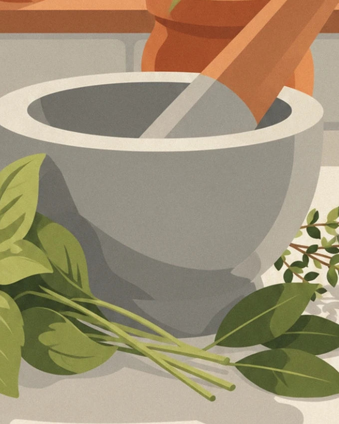 The grey mortar and wooden pestle surrounded by green leaves and stems