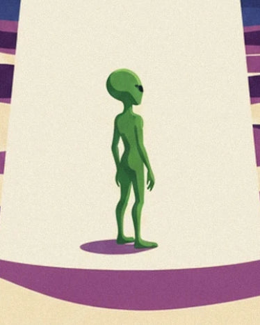 A green alien in profile in a beam of light, with its purple shadow on the ground