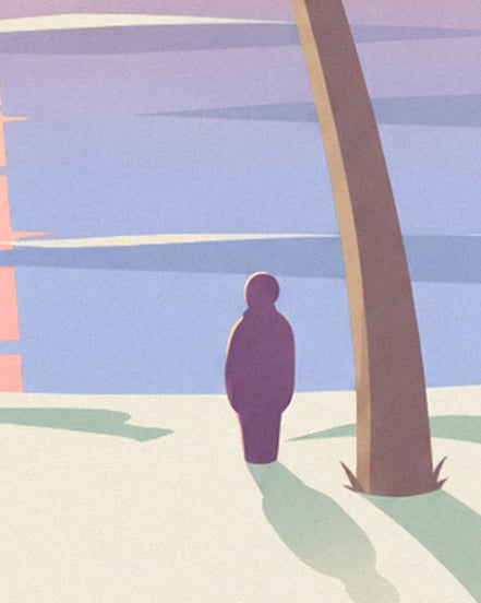Purple figure on the pale sand at the foot of a palm tree, facing the sea