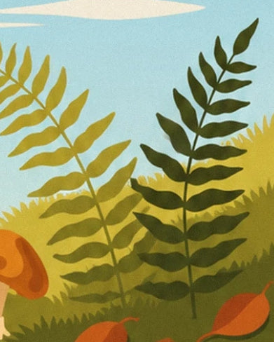 Olive-green fern fronds against a pale blue background and a carpet of leaves