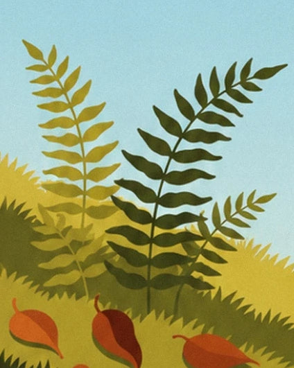 Dark green and golden fern fronds above orange leaves
