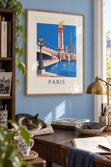 Poster of the Pont Alexandre-III over the Seine and the Eiffel Tower: framed on the wall
