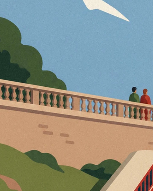 The beige balustrade and its 2 walkers above the red funicular of Pau