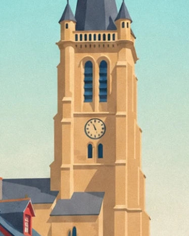 The ochre clock tower with twin openings and small turrets