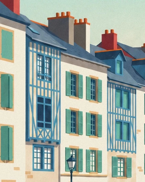 The façades with blue timber framing, green shutters and tall chimneys in the harbour of Saint-Jean-de-Luz