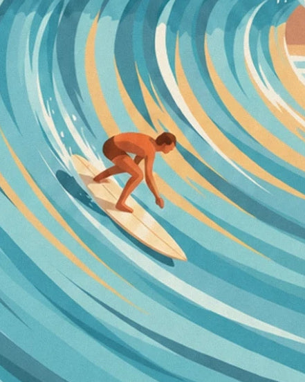 A surfer crouching on his cream board, in the hollow of a turquoise wave