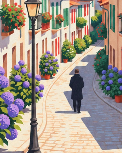 Le promeneur en manteau sombre dans la ruelle pavée, entre hortensias et lampadaire