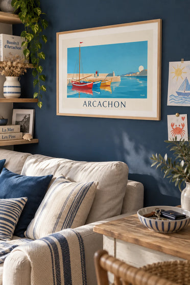 Affiche pinasses colorées dans le port d'Arcachon : encadrée au mur