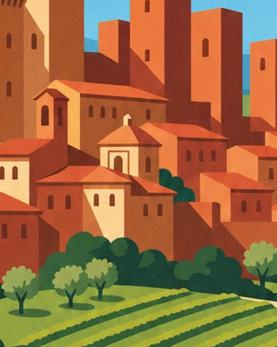 The houses with orange roofs and the tall towers of San Gimignano above the crops