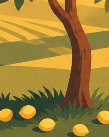 Fallen lemons in the grass at the foot of the brown trunk, between shade and sunshine