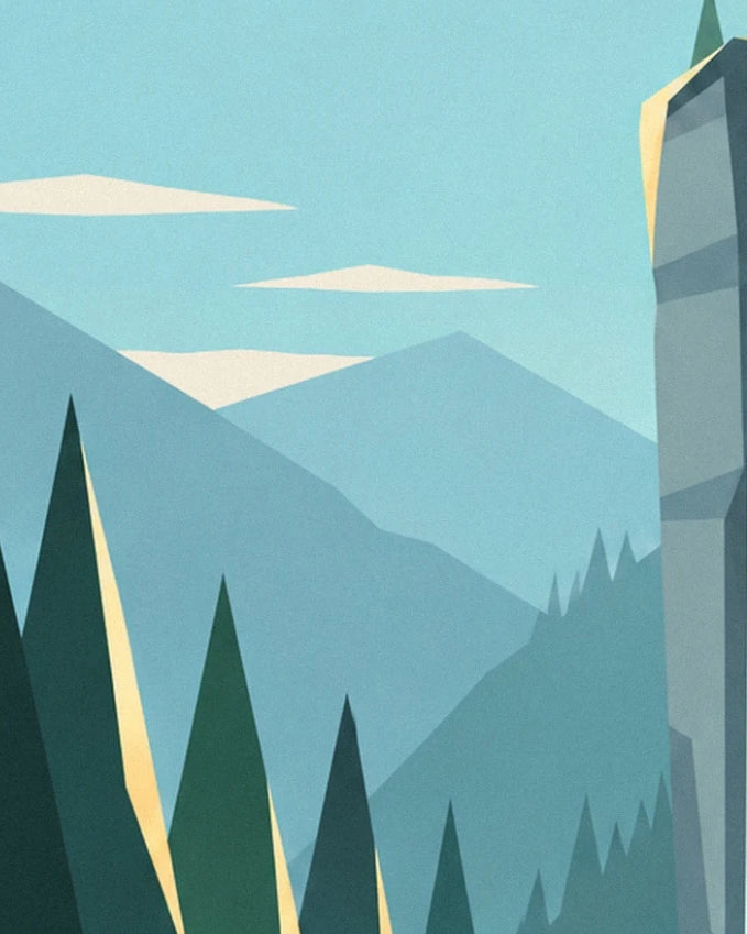 Dark fir trees in front of blue mountains, beneath a clear sky with 3 cream clouds